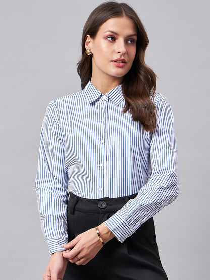 Style Quotient Women Blue and White Stripe Polycotton Regular Shirt