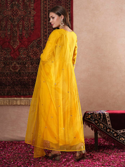 Gosriki WomenS Rayon Blend Anarkali Solid Kurta With Pant & Dupatta (Sitapati Yellow-Vks01-Gs_L_Yellow_Large)
