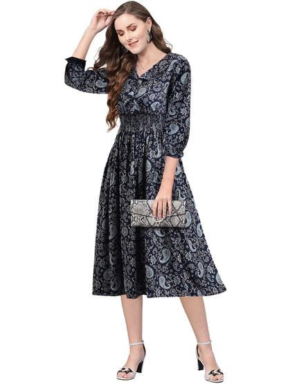 Toochki WomenS Navy Blue Rayon Paisley Print Fit & Flared Western Dress | A-Line Midi | Winter | Latest | Trendy