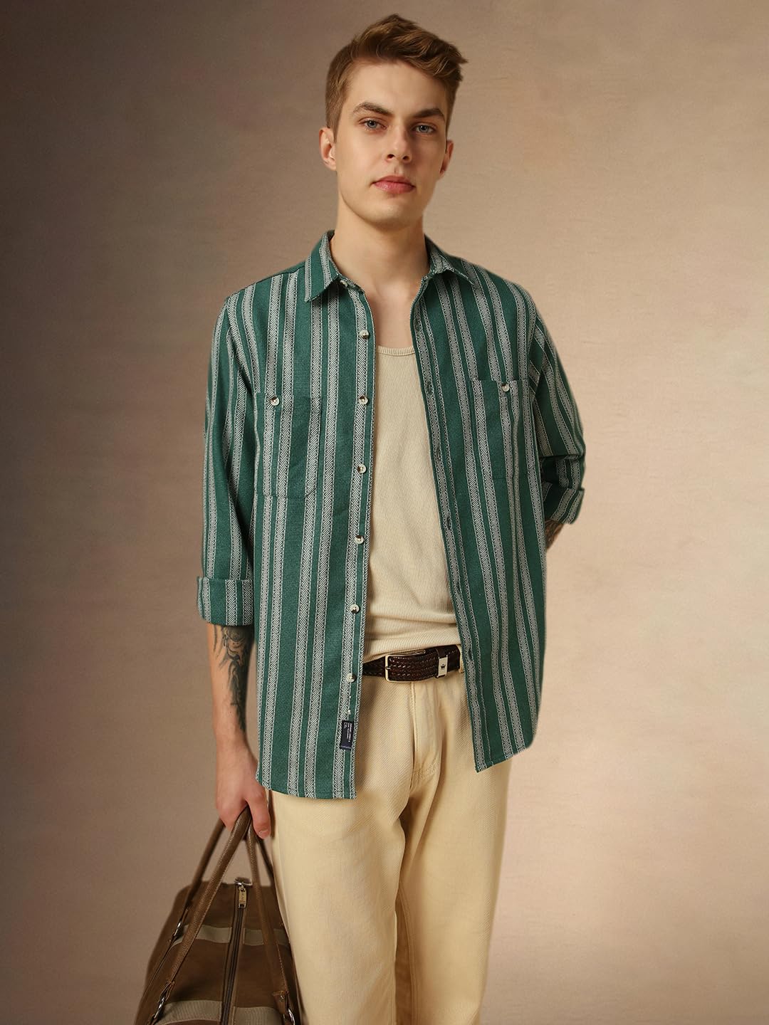 Dennis Lingo Men Olive Stripes Relaxed Fit Full Sleeves Spread Collar Shirt