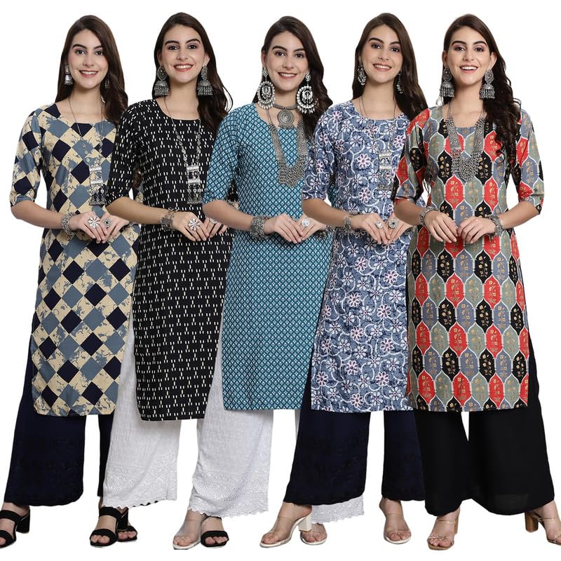Pinkmint WomenS Crepe Kurti For WomenS Ethnic Printed Kurti For WomenS (Pack Of 5)