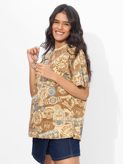 The Souled Store Official Minions: Ive Got This Women and Girls Short Sleeves All Over Printed Cotton Oversized T-Shirts Brown