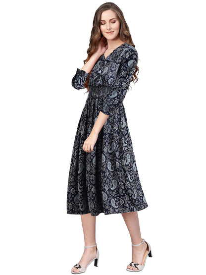 Toochki WomenS Navy Blue Rayon Paisley Print Fit & Flared Western Dress | A-Line Midi | Winter | Latest | Trendy