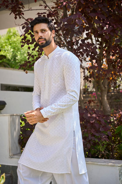 See Designs Mens Kurta - Specially Crafted And Designed For The Eid Festival White Cotton Regular Fit Embroidered Kurta Mandarin