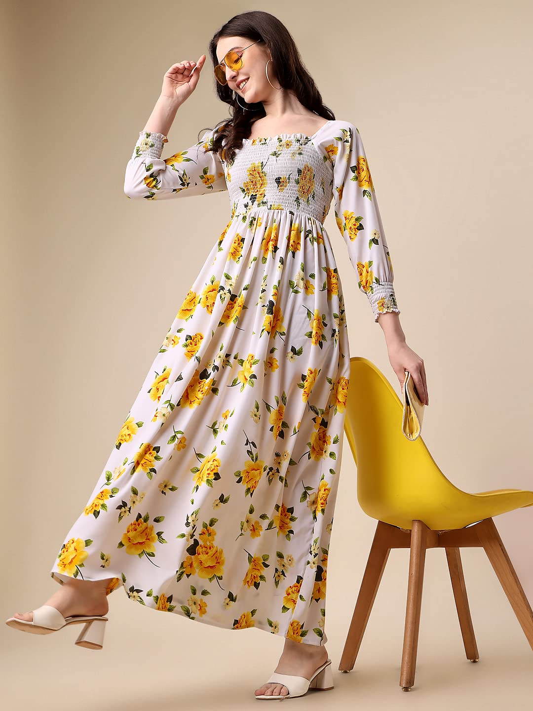 Sheetal Associates WomenS Floral Printed Crepe Full Length Dress Yellow