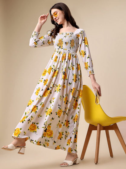 Sheetal Associates WomenS Floral Printed Crepe Full Length Dress Yellow