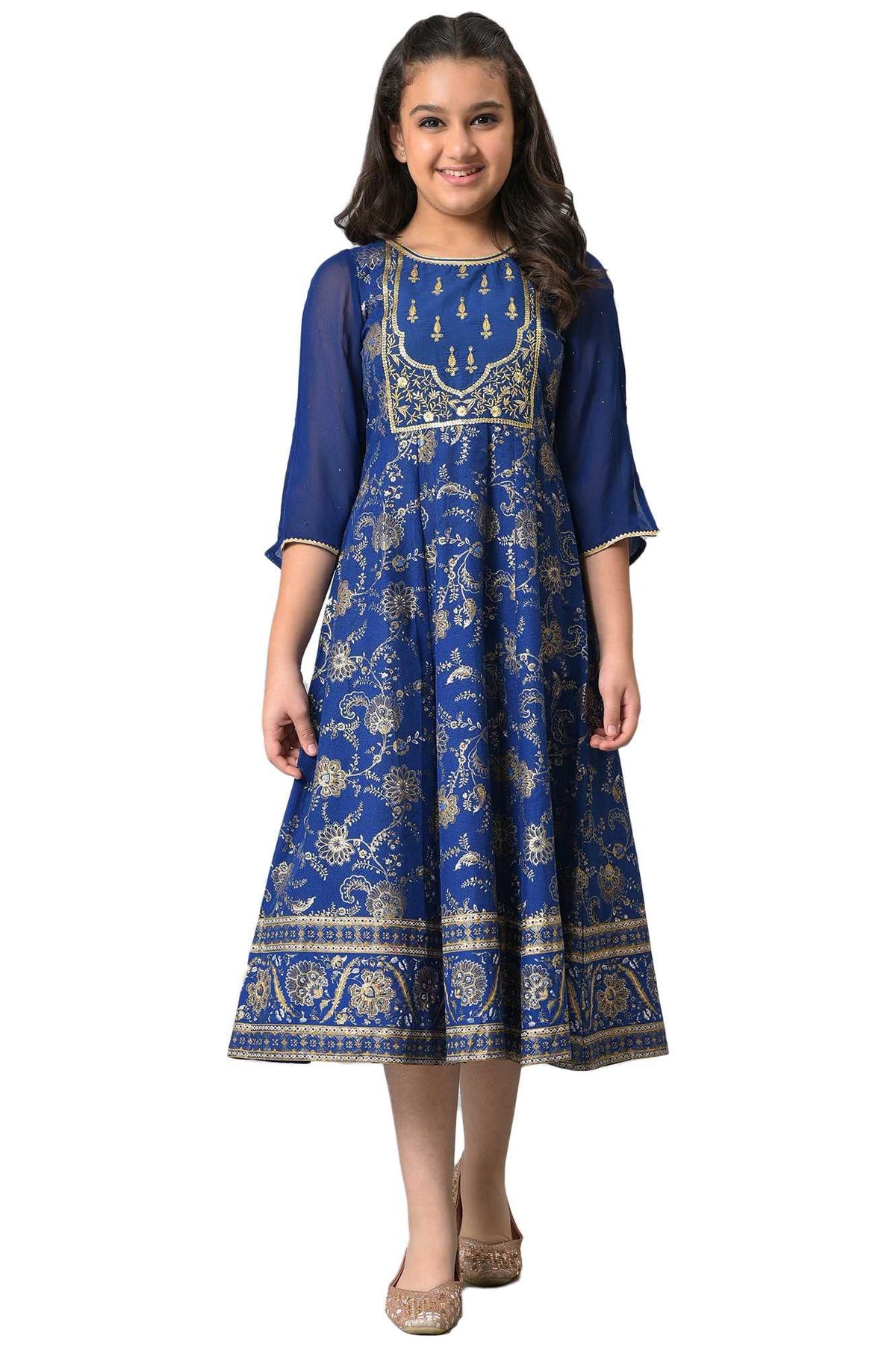 Aurelia Girls Cotton Fit and Flare Knee-Length Casual Dress (22AUG10292B-506187_Blue
