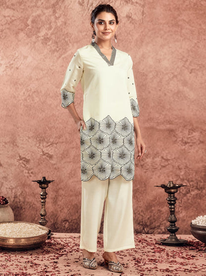 Selvia Co-Ords Set For Women|Silk Blend Kurti And Trouser Set|Ethnic Co-Ords Set For Women|Embroidery Two Piece Co-Ord Set(743Ct