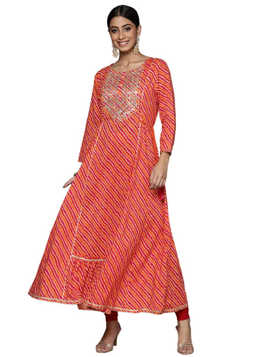 Varanga orange lehariya printed kalidar kurta with gotta pati embroidery