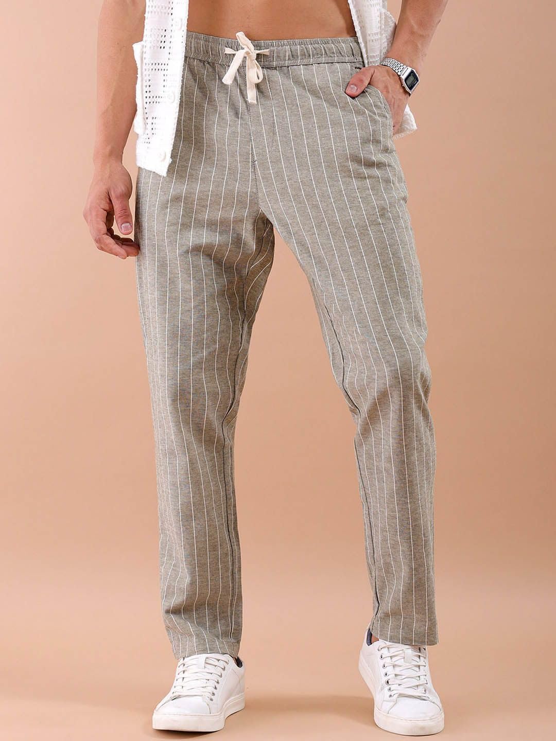 The Indian Garage Co Men Regular Fit Vertical Striped Mid-Rise Elasticated Trousers Olive