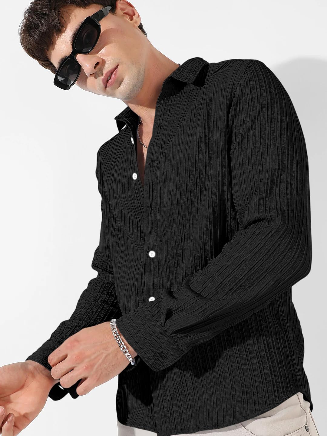 Finivo Fashion MenS Cotton Casual Striped Button Down Shirts Long Sleeve Textured Summer Beach Shirt For Men Black