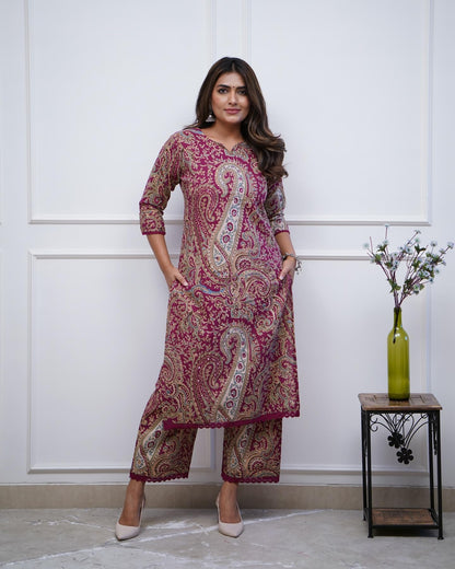 GoSriKi Palazzo Kurta for Women - Viscose Rayon, Printed, Small, Pink, Model Elevate Black-GS