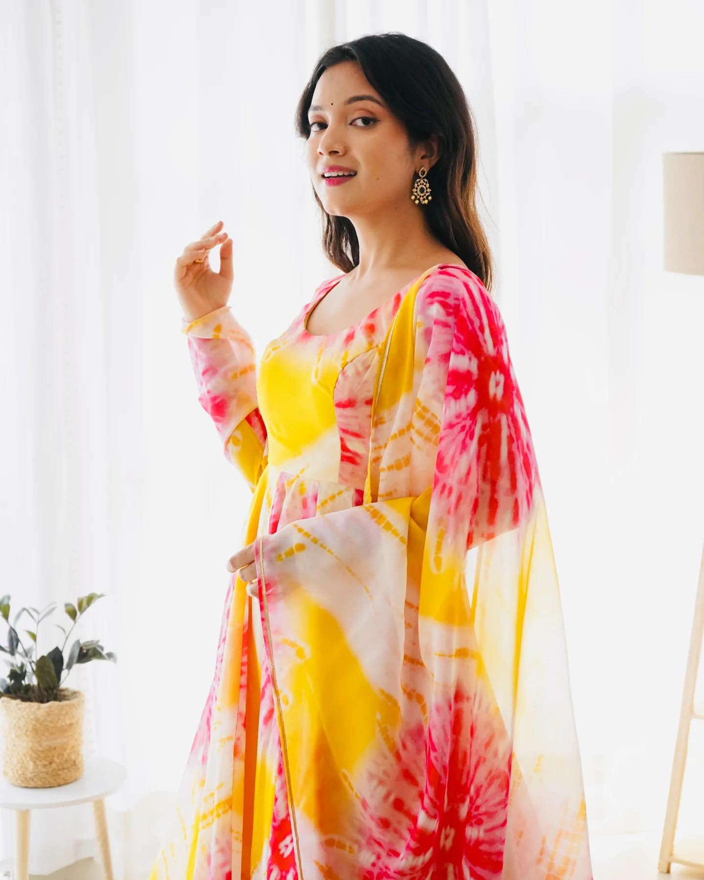 Wedani Women Floral Print Anarkali Kurta with Pant and Duptta (X-Large, Yellow)