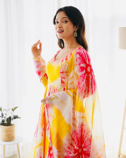 Wedani Women Floral Print Anarkali Kurta with Pant and Duptta (X-Large, Yellow)