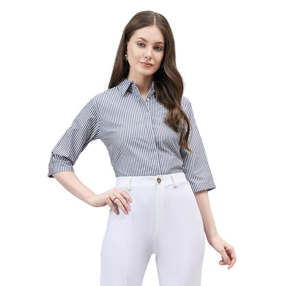 Style Quotient Women Black and White Stripe Polycotton Regular Fit Formal Shirt