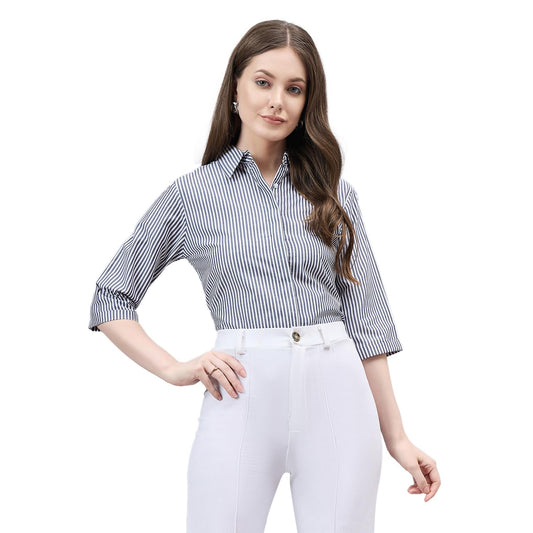 Style Quotient Women Black and White Stripe Polycotton Regular Fit Formal Shirt