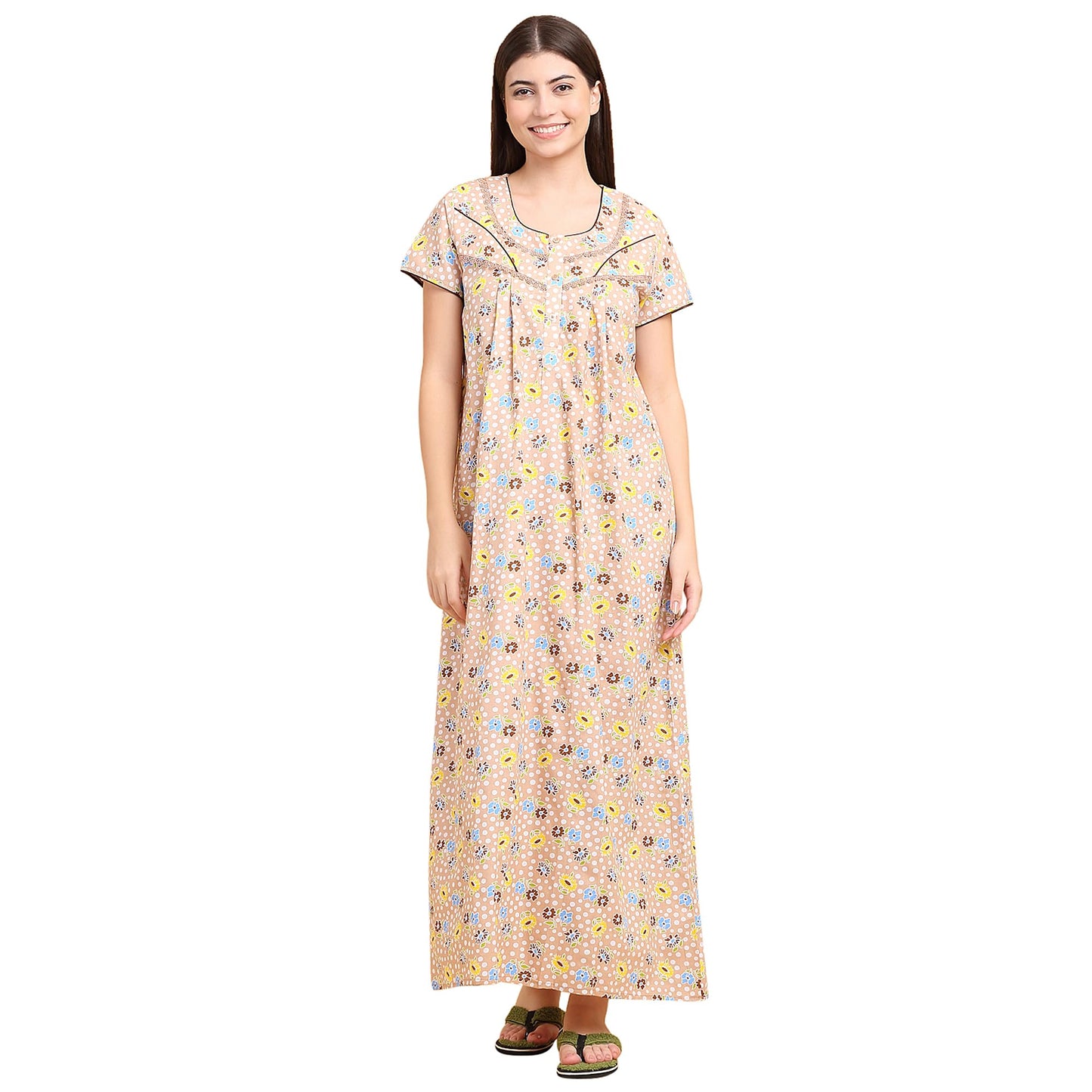 Sweet Dreams Women Printed Night Dress Beige