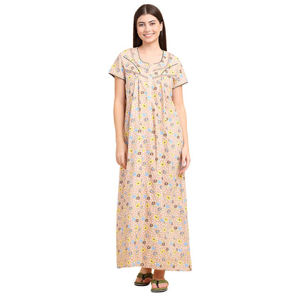 Sweet Dreams Women Printed Night Dress Beige