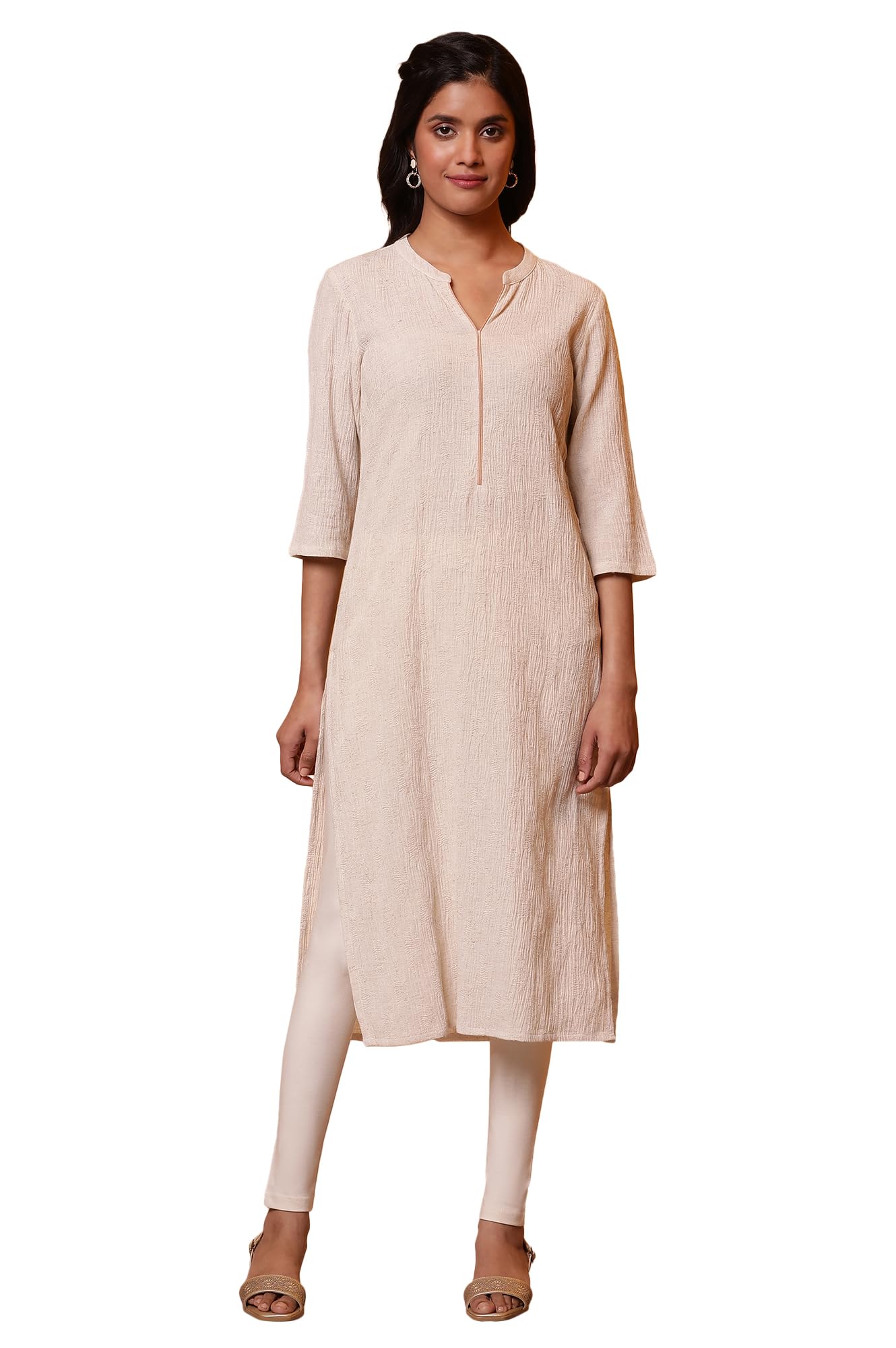 Aurelia Women Solid Cotton Blend Straight Kurta_24FEA15012_M Beige