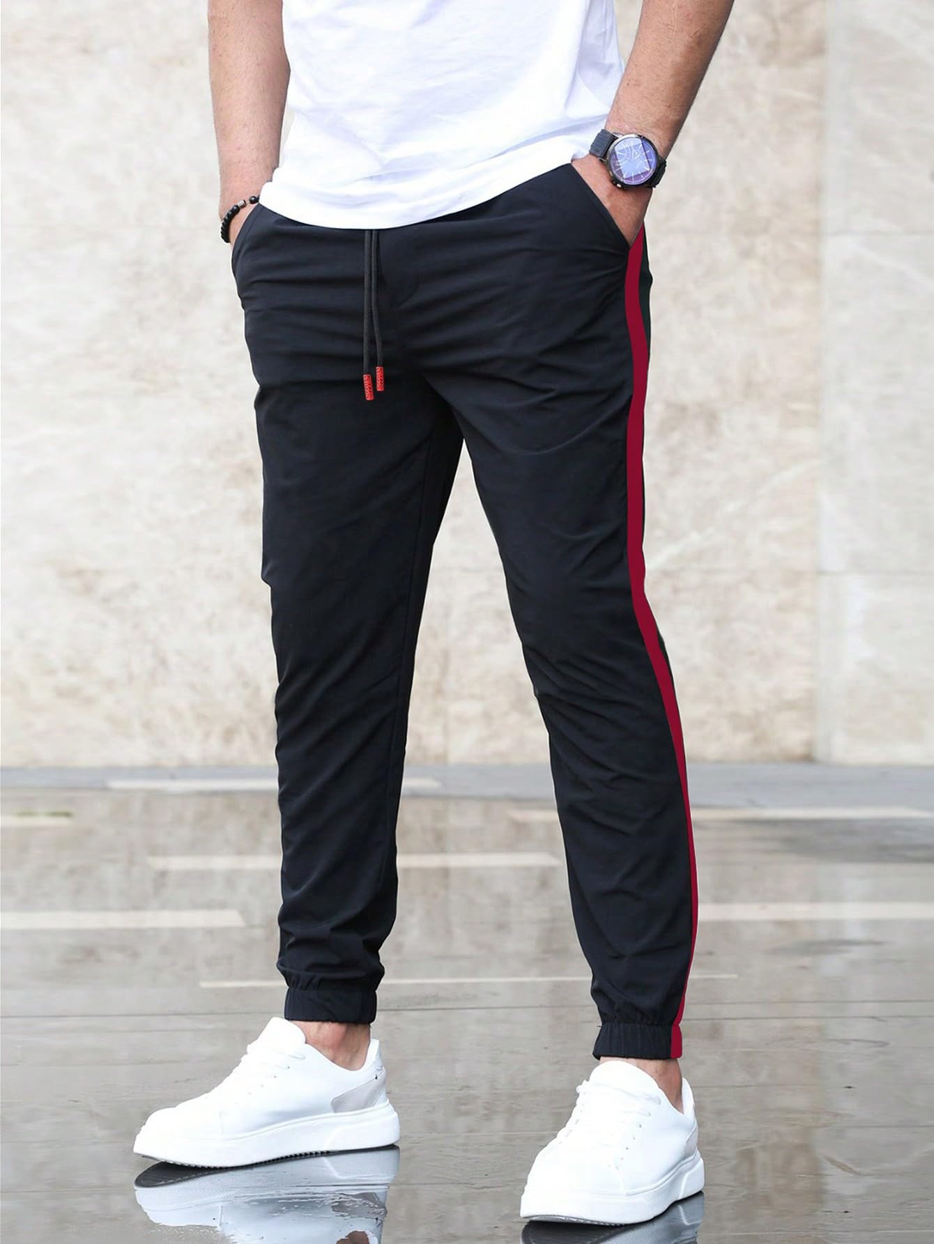 Shasmi Mens Athletic Jogger Black and Red Contrast Side Color Block Patchwork Drawstring Waist Track Pant with Slit Pockets, Mi