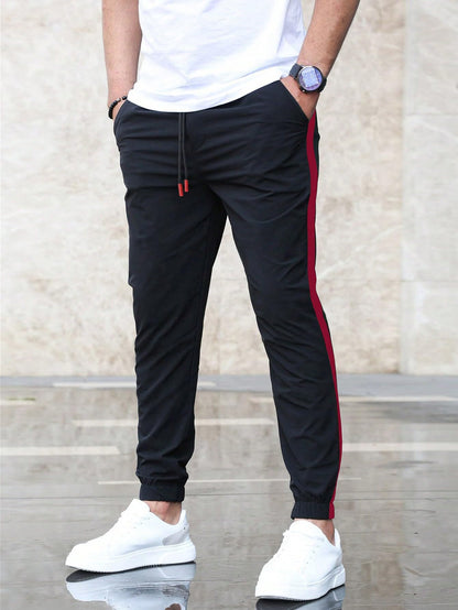 Shasmi Mens Athletic Jogger Black and Red Contrast Side Color Block Patchwork Drawstring Waist Track Pant with Slit Pockets, Mi