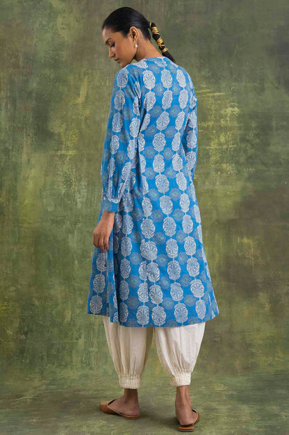 W for Woman Blue Block Printed Flared Kurta