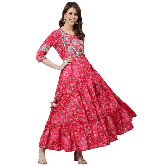 ishin Women's Cotton Anarkali Embroidered Zari Bandhani Print Pink Kurti