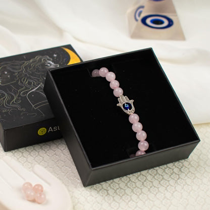 Astrotalk Love Attraction with Evil Eye Hamsa Bracelet | Rose quartz bracelet for women| Evil eye bracelet | Bracelets for Men and Women | Certificate of Authenticity | Valentine Gift for Girlfriend