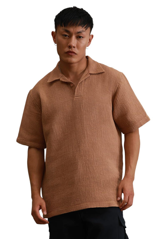 Hubberholme Brown Cotton Short Sleeves Polo Collar Oversized Tshirts