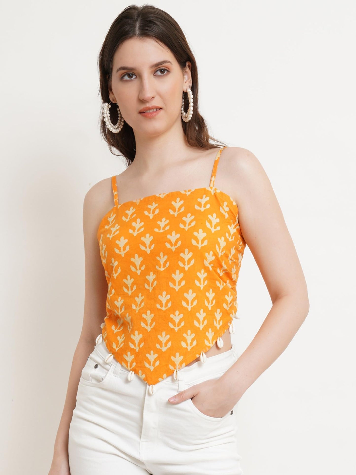POPWINGS Casual Hankie Cotton Sustainable Bagru Print Crop Top for Women || Square Neck Crop Top for Women || Sleeveless Crop To