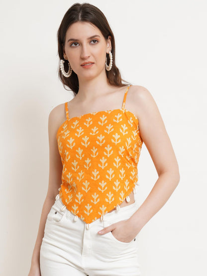 POPWINGS Casual Hankie Cotton Sustainable Bagru Print Crop Top for Women || Square Neck Crop Top for Women || Sleeveless Crop To