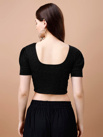 Pujia Mills Womens Readymade Shining Lycra Stretchable Round Neck Half Puff Sleeve Blouses Lycra Stretchable Black Color Blouse