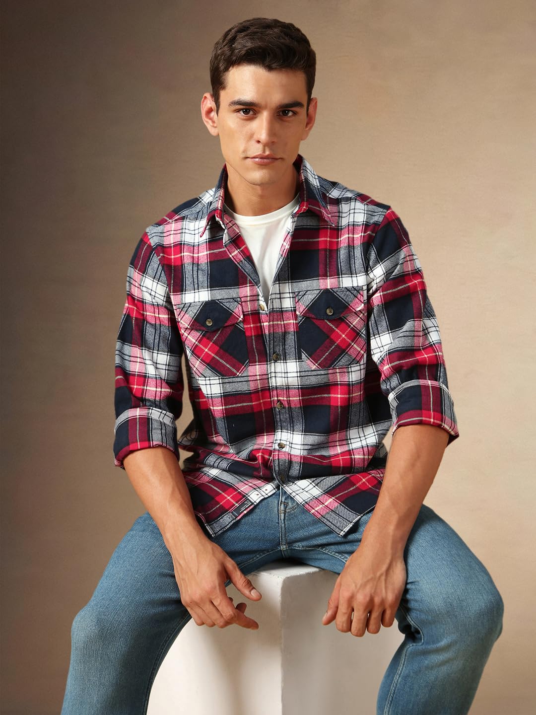 Dennis Lingo Men Flannel Check 100% Cotton Relaxed Fit Full Sleeves Shirt For Men. Navy Blue