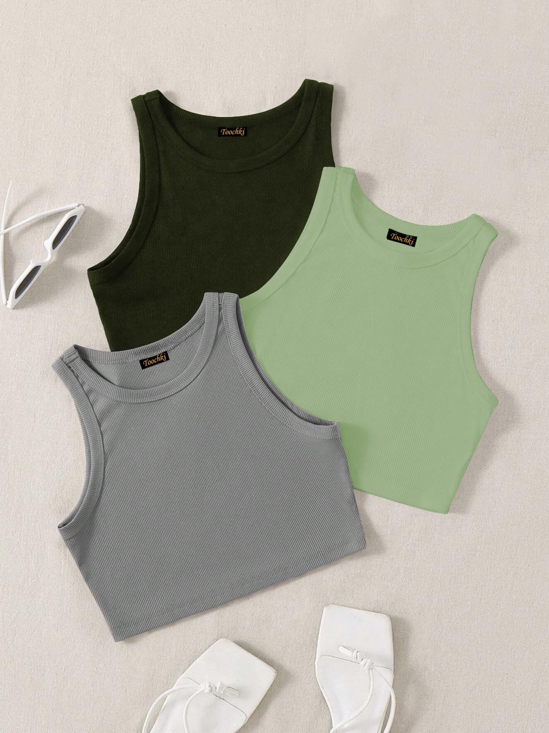 Toochki Tops for Woman | Spandex Top | Crop | Short | Western | for Jeans | Sleeveless | Stretchable | Pack of Three | Grey-Pist