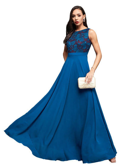 Miss Chase WomenS Round Neck Sleeveless Georgette Floral Lace Fit & Flare Maxi Dress Royal Blue