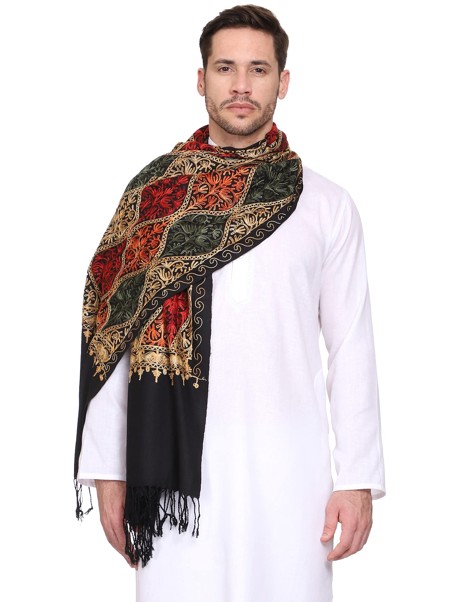 Weavers Villa Mens Matka Embroided Cashmilon Gents Shawls, Stoles, Muffler for Men, 70cm x 200cm