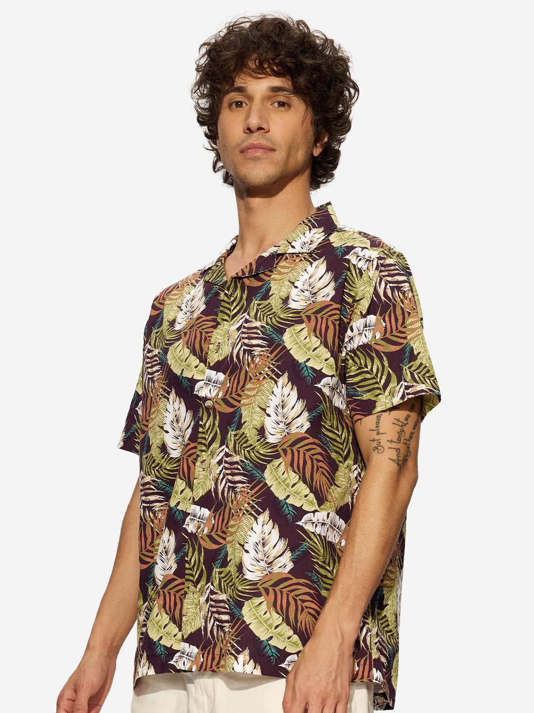 The Souled Store Just Leafy Men and Boys Short Sleeves Collared Neck Button Front Multicolor All Over Printed Cotton Holiday Shi