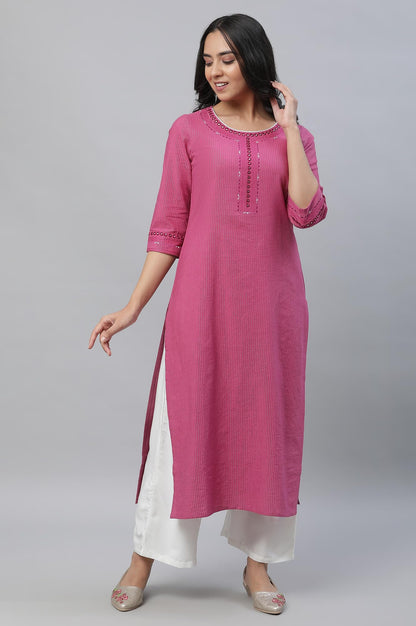 Aurelia Pink Striped Cotton Embroidered Regular Kurta
