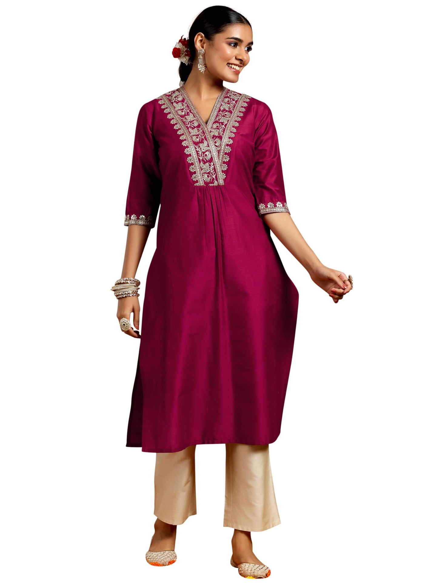 Libas WomenS Silk Embroidered Regular Kurtas (G2744R Maroon