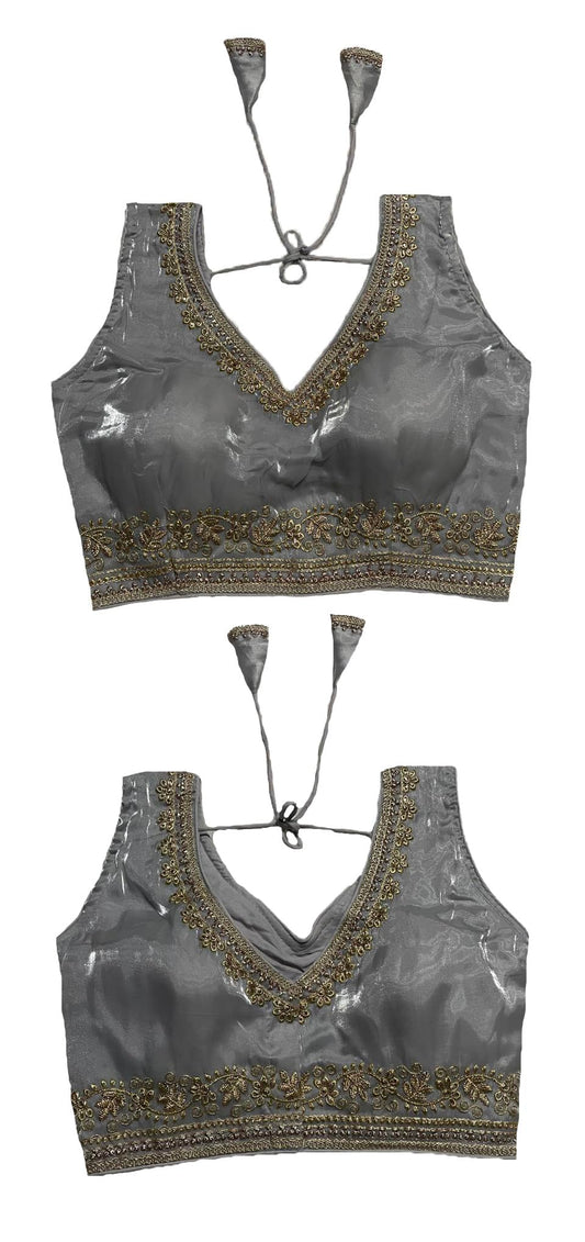 Vihu Fashion Womens Readymade Sleeveless blouseIndian Ethnic Designer Blouse Jimmy Choo Fabric Embroidered V Neck Blouse Back H