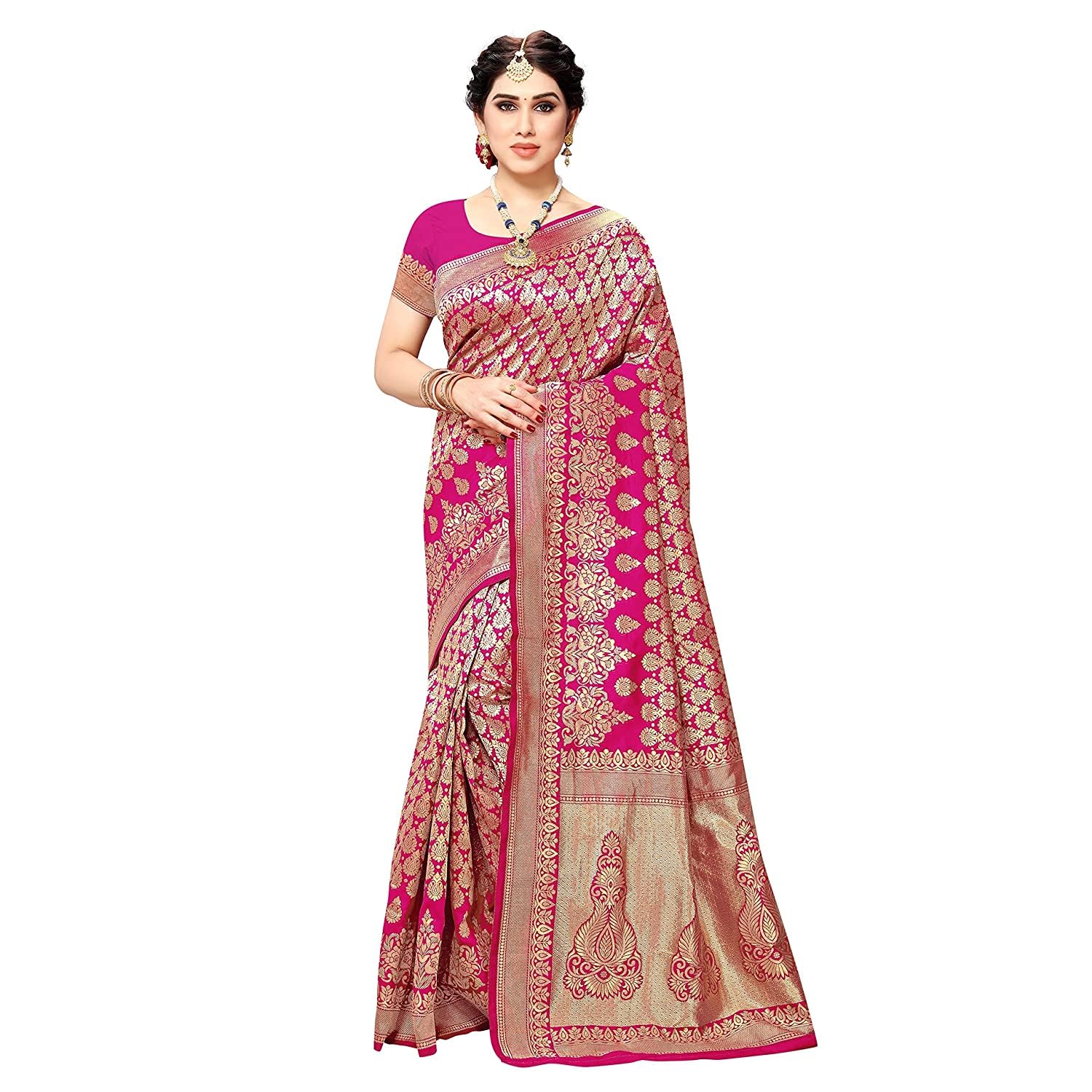 Yashika Womens Trendy Banarasi Kanjivaram Pink Color Art Silk Saree with Blouse Material (MALIYA PINK)