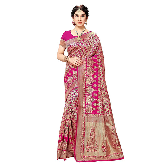 Yashika Womens Trendy Banarasi Kanjivaram Pink Color Art Silk Saree with Blouse Material (MALIYA PINK)