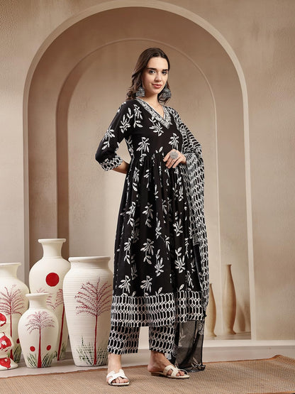 Stylum Womens Black Floral Printed Cotton Anarkali Kurta Pant Dupatta Set