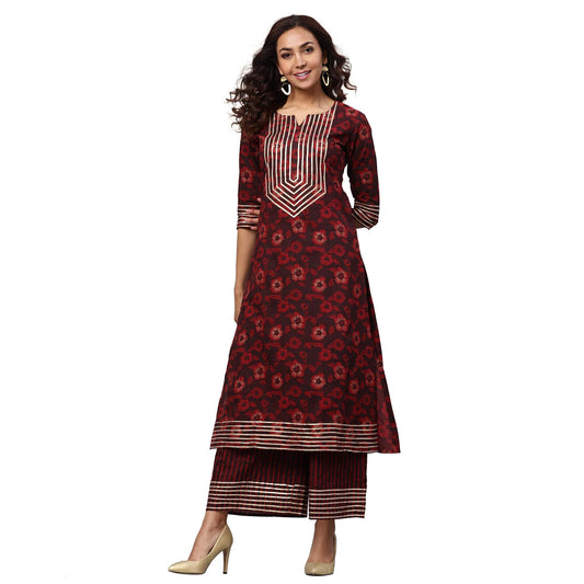 Idalia Cotton Kurta for Women - Printed Straight Cotton Kurta Set with Palazzo Pant - Pure Cotton Kurta Sets for Festive & Party Occasions - Buy Kurtas for Ladies 3/4 Sleeve, Round v neck, Calf length