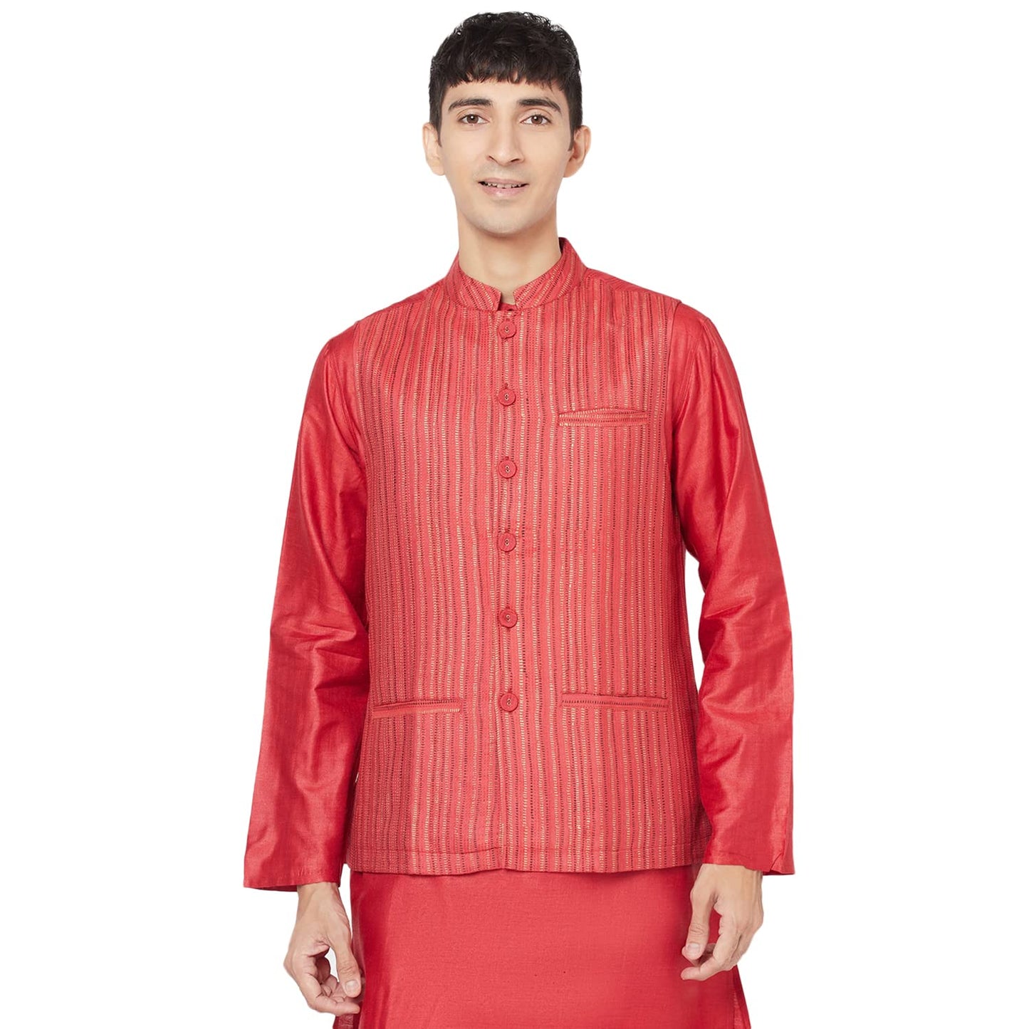 Fabindia Men Tussar Block Printed Nehru Jacket Viscose_Xs