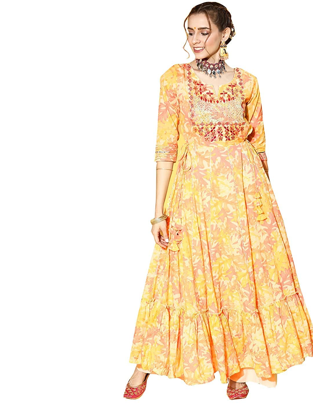 ishin Women's Cotton Anarkali Yellow Embroidered & Zari Work Kurti