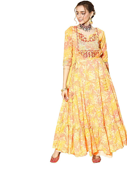 ishin Women's Cotton Anarkali Yellow Embroidered & Zari Work Kurti