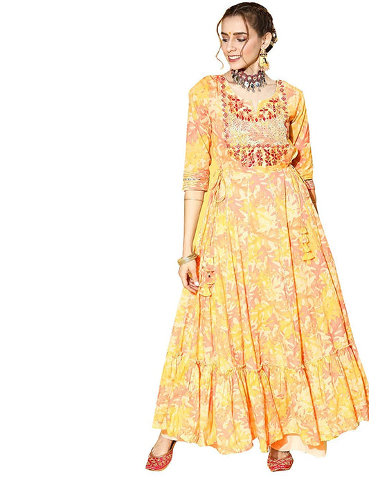 ishin Women's Cotton Anarkali Yellow Embroidered & Zari Work Kurti
