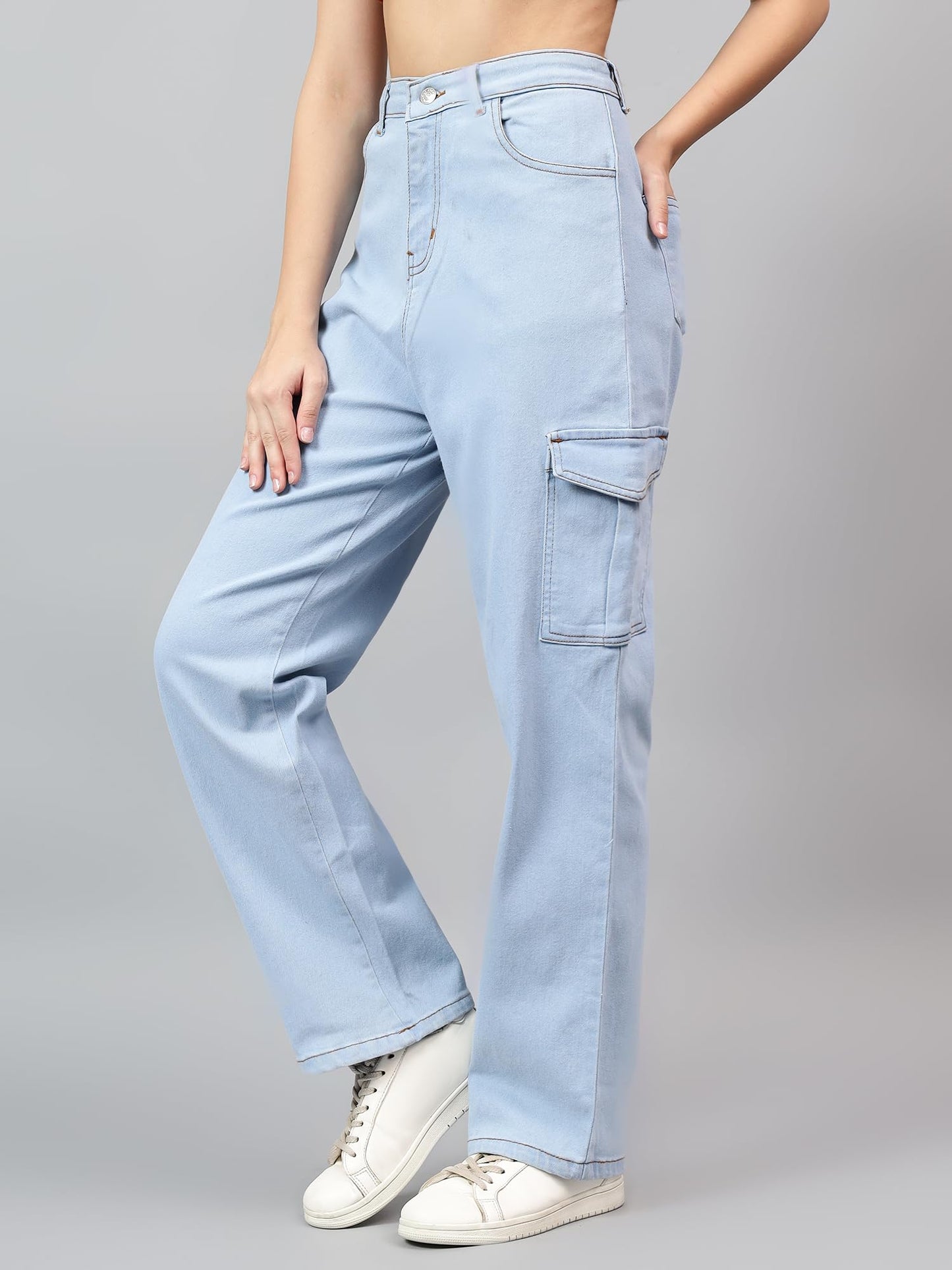 Kotty WomenS High Rise Solid Cotton Blend Stylish Cargo Jeans(Blue,30)