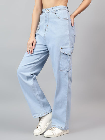 Kotty WomenS High Rise Solid Cotton Blend Stylish Cargo Jeans(Blue,30)